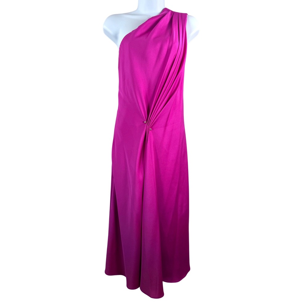 Aidan Mattox Adrianna Papell One Shoulder Draped Knot‎ Fuchsia Midi Dress sz 12